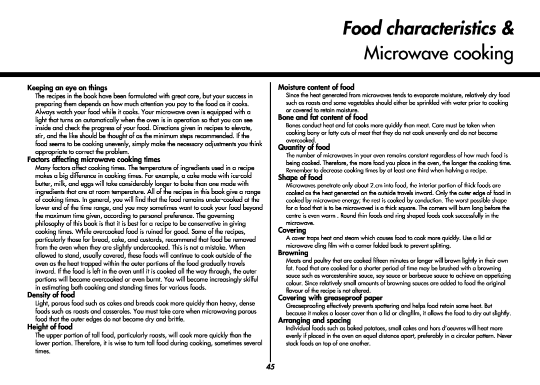 LG Electronics MC8486NL owner manual Food characteristics, Microwave cooking 