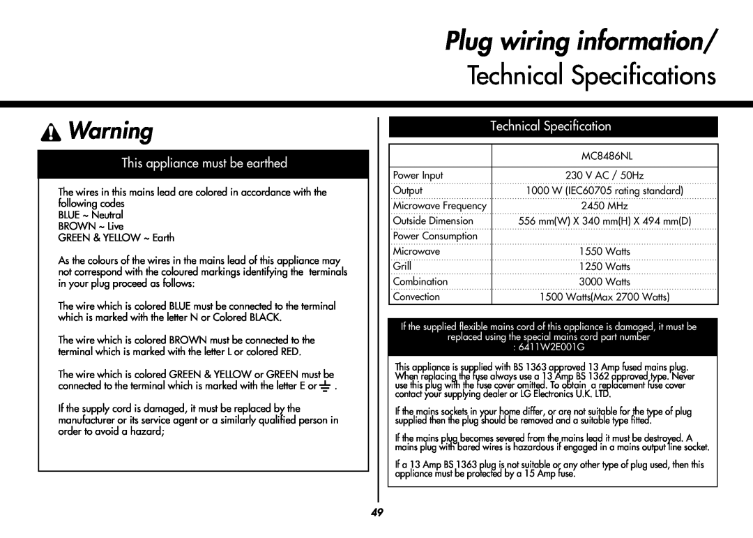 LG Electronics MC8486NL owner manual Plug wiring information/ Technical Specifications, This appliance must be earthed 