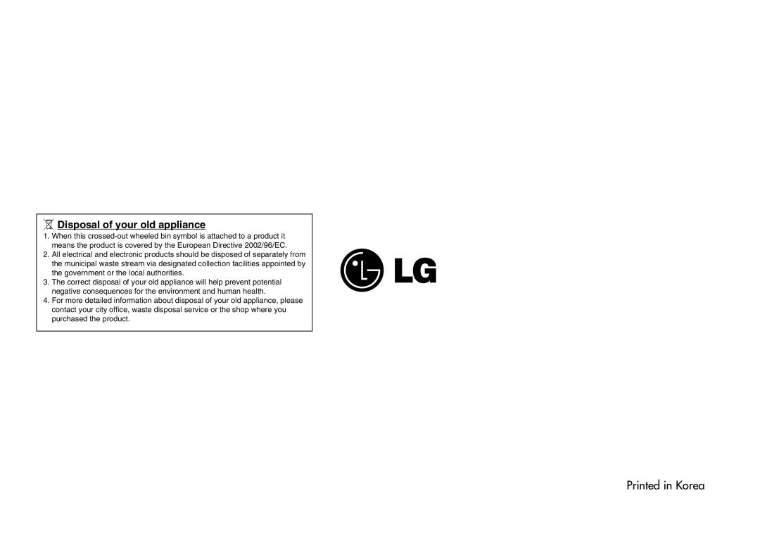 LG Electronics MC8486NL owner manual Printed in Korea, Disposal of your old appliance 