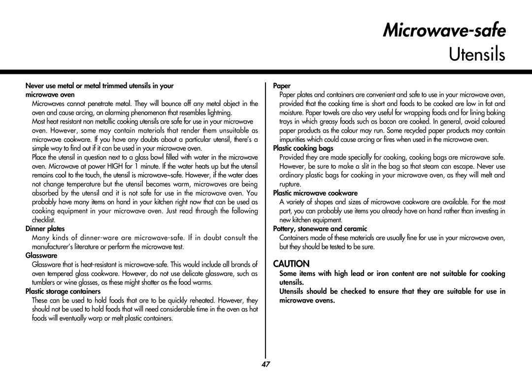 LG Electronics MC9280XC owner manual Microwave-safe, Utensils 