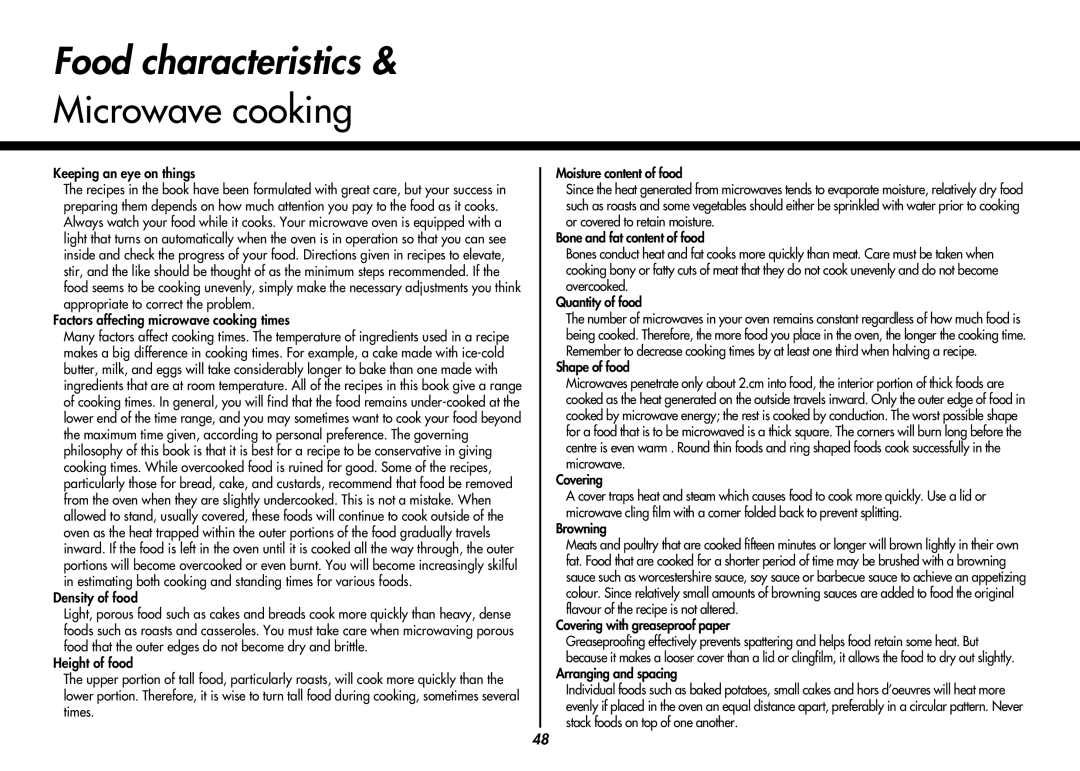 LG Electronics MC9280XC owner manual Food characteristics, Microwave cooking 