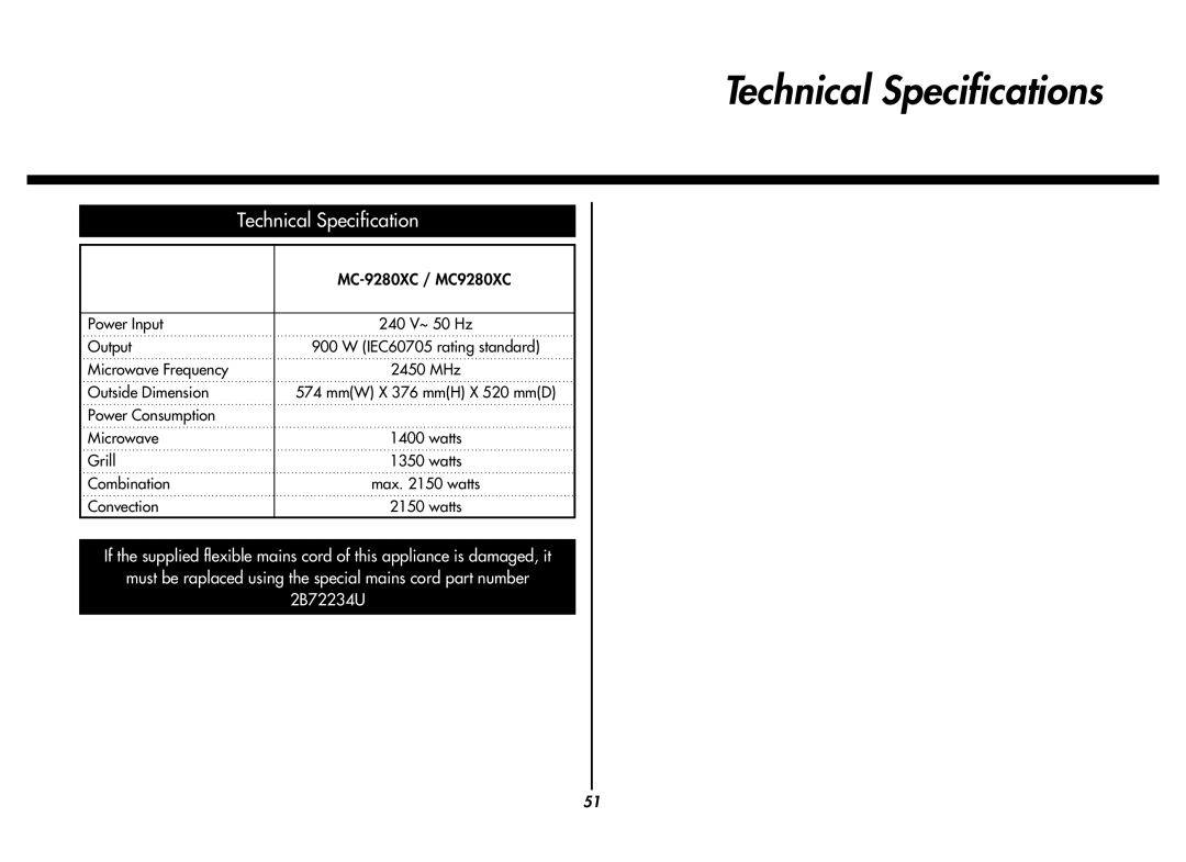 LG Electronics MC9280XC owner manual Technical Specifications 