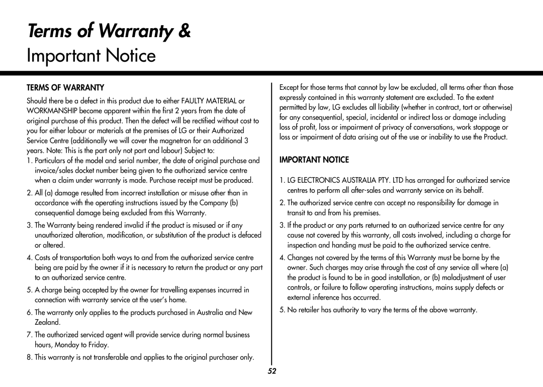 LG Electronics MC9280XC owner manual Terms of Warranty, Important Notice 