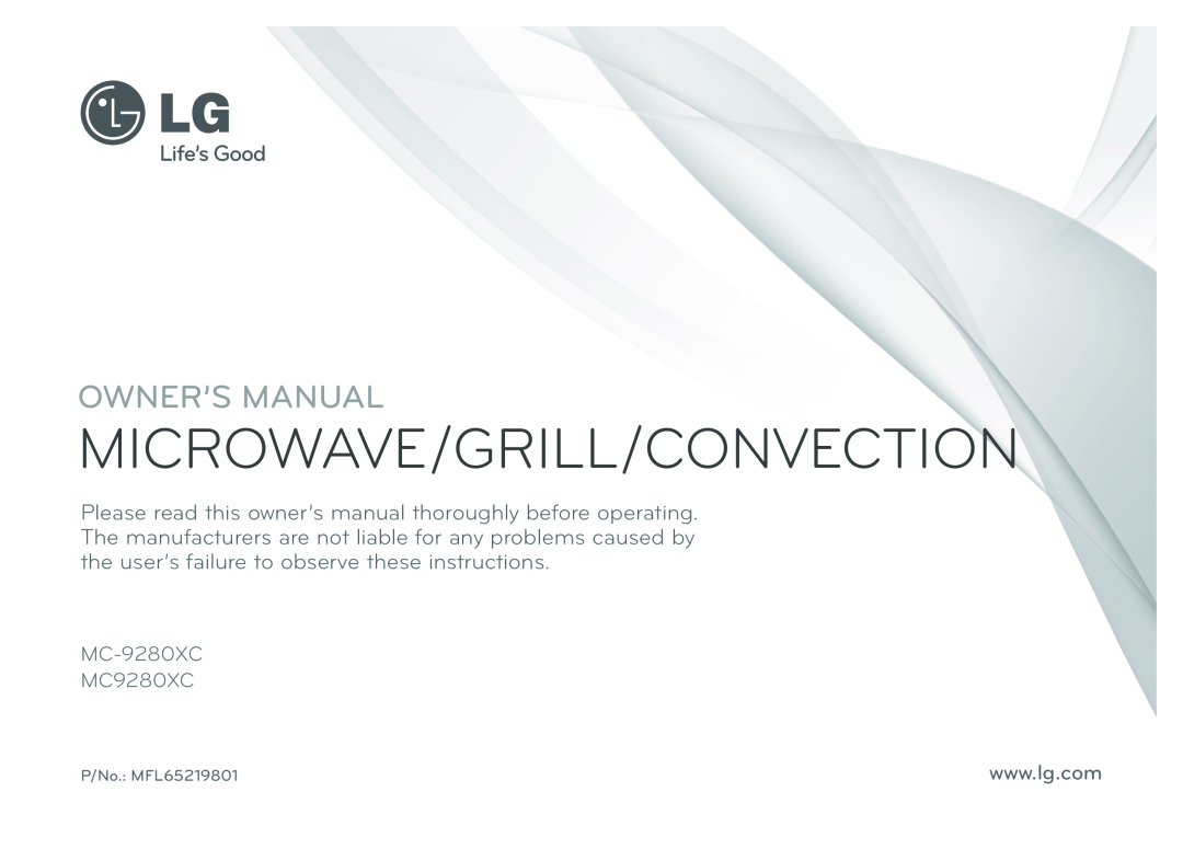 LG Electronics owner manual Microwave/Grill/Convection, MC-9280XC MC9280XC, P/No. MFL65219801 