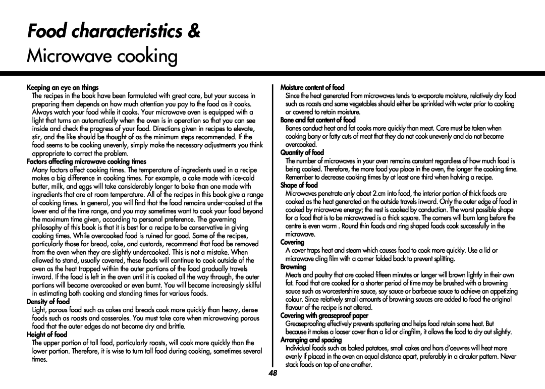 LG Electronics MC9280XC owner manual Food characteristics, Microwave cooking 