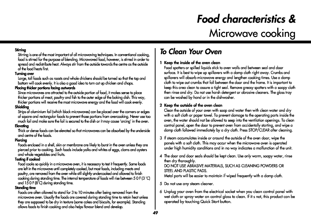 LG Electronics MC9280XC owner manual Food characteristics, Microwave cooking, To Clean Your Oven 