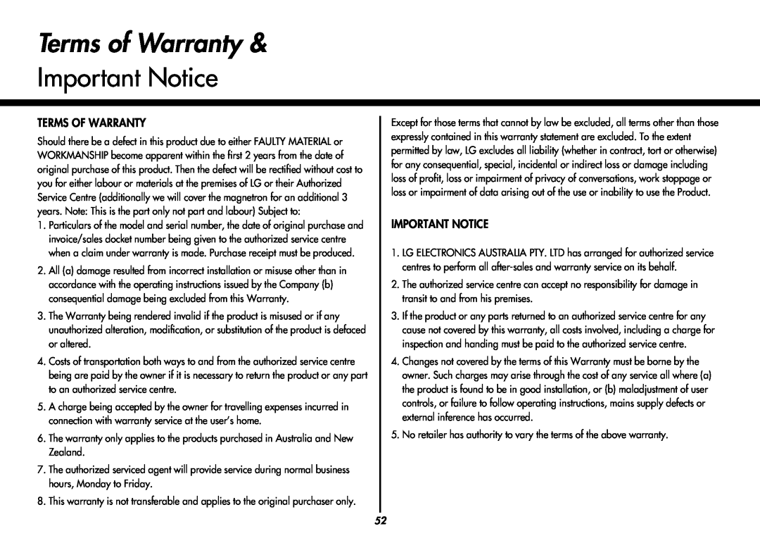 LG Electronics MC9280XC owner manual Terms of Warranty, Important Notice 
