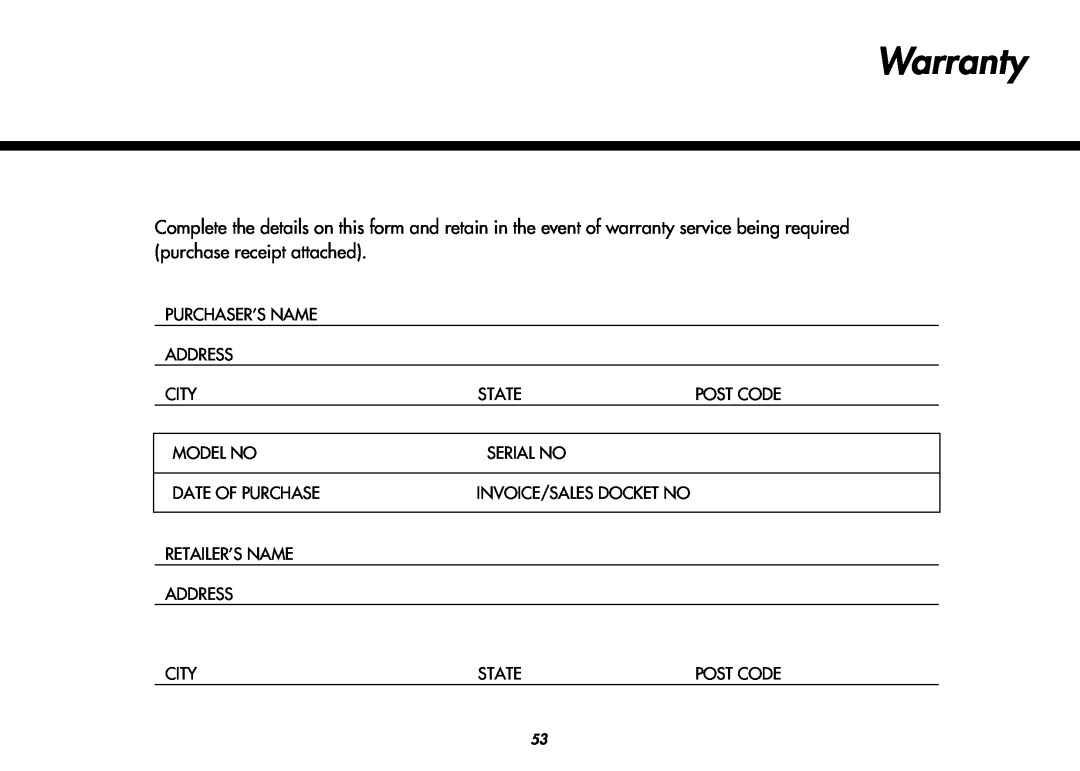 LG Electronics MC9280XC owner manual Warranty, Invoice/Sales Docket No 