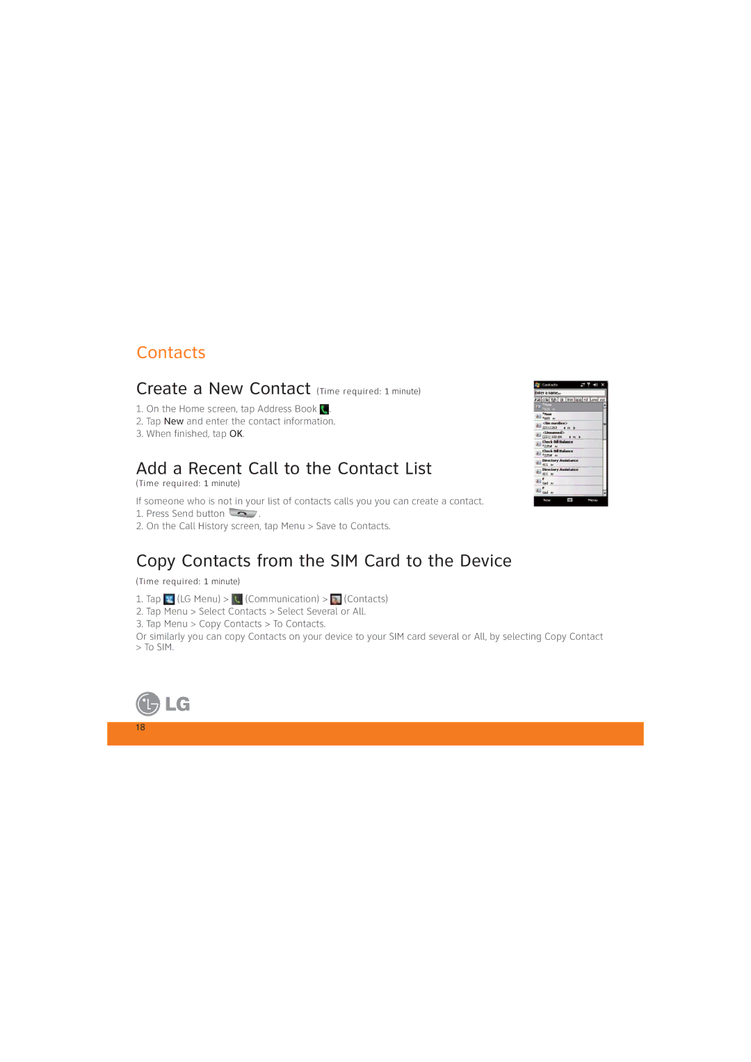 LG Electronics MCD0009405 Add a Recent Call to the Contact List, Copy Contacts from the SIM Card to the Device 