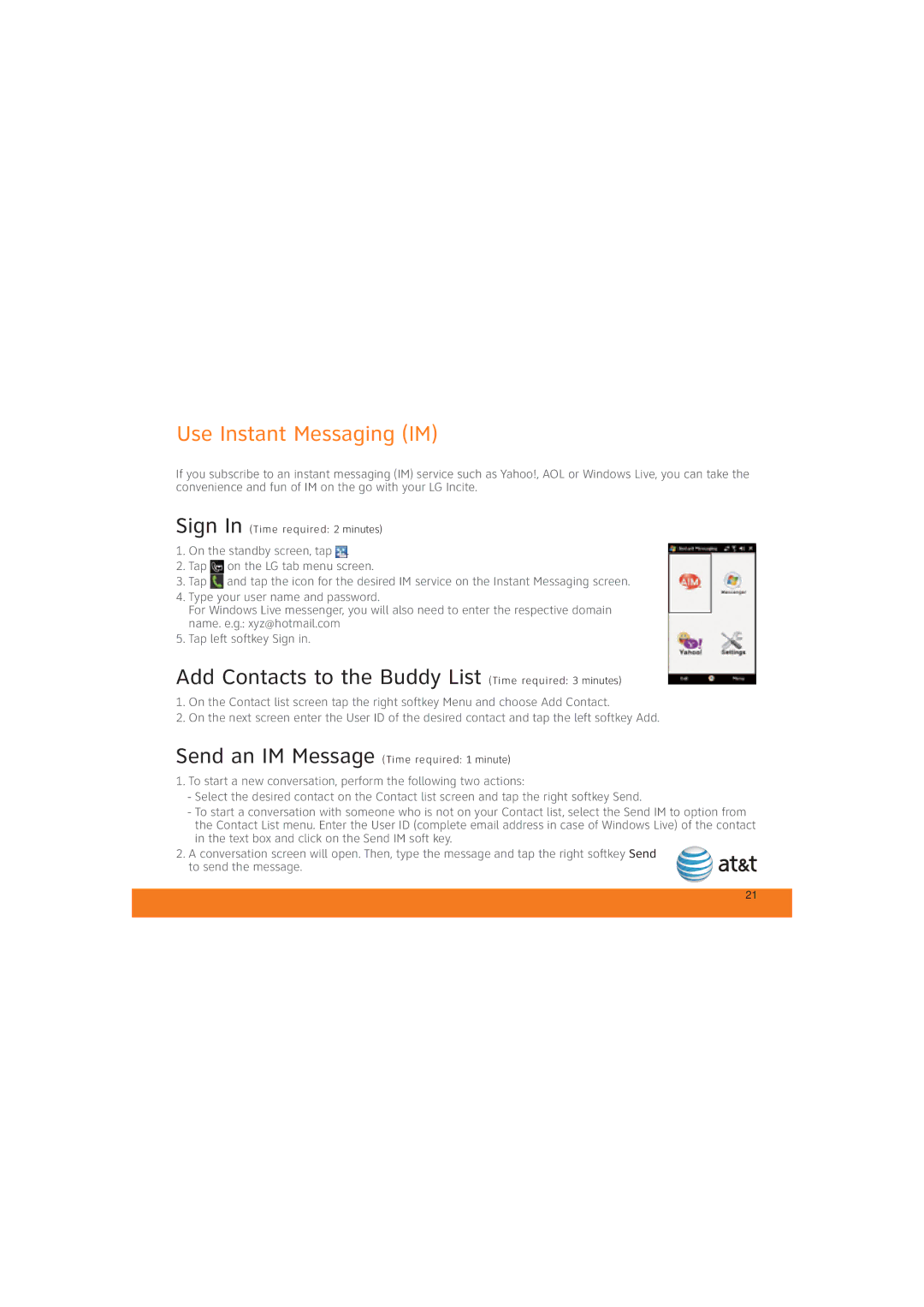 LG Electronics MCD0009405 specifications Use Instant Messaging IM, Add Contacts to the Buddy List Time required 3 minutes 