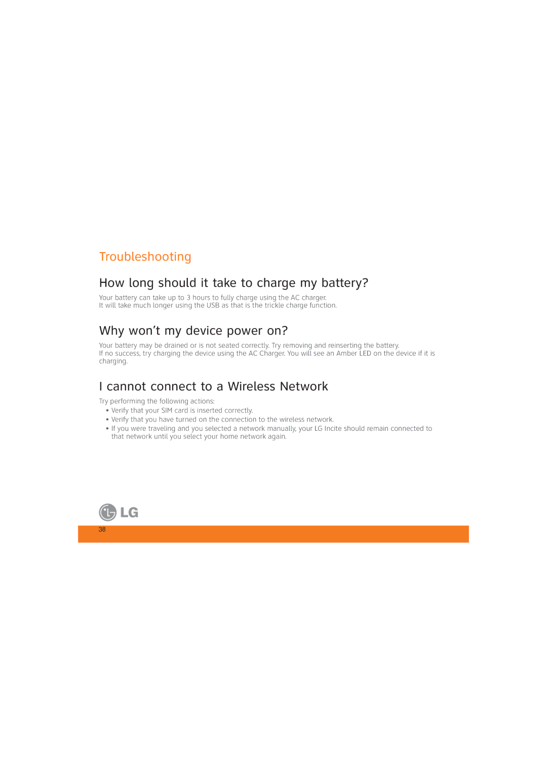 LG Electronics MCD0009405 Troubleshooting, How long should it take to charge my battery?, Why won’t my device power on? 