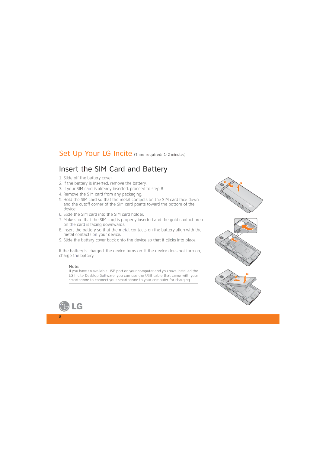 LG Electronics MCD0009405 specifications Insert the SIM Card and Battery 