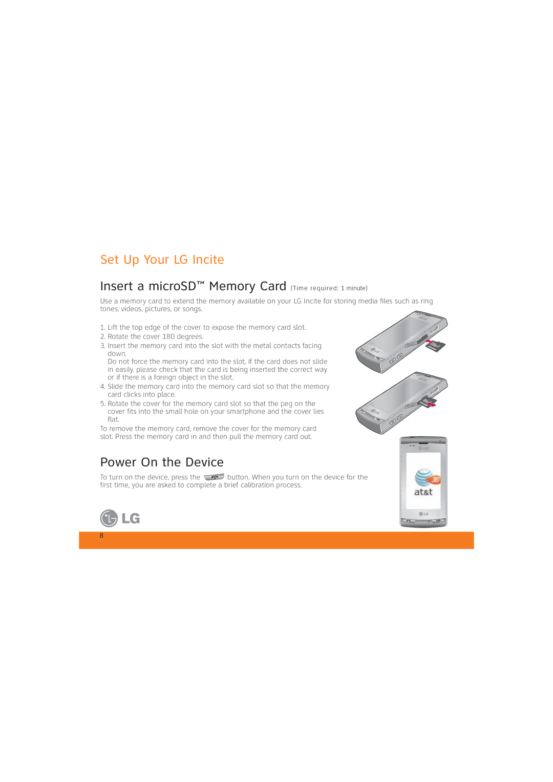 LG Electronics MCD0009405 Set Up Your LG Incite, Insert a microSD Memory Card Time required 1 minute, Power On the Device 