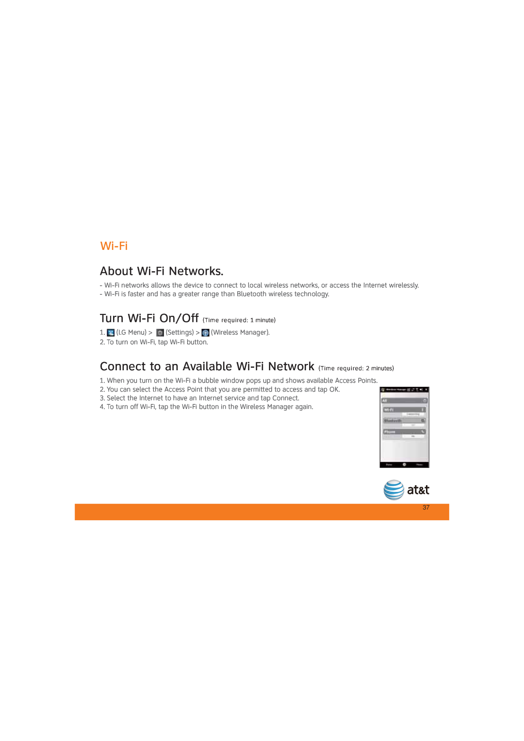 LG Electronics MCD0009405 About Wi-Fi Networks, Connect to an Available Wi-Fi Network Time required 2 minutes 