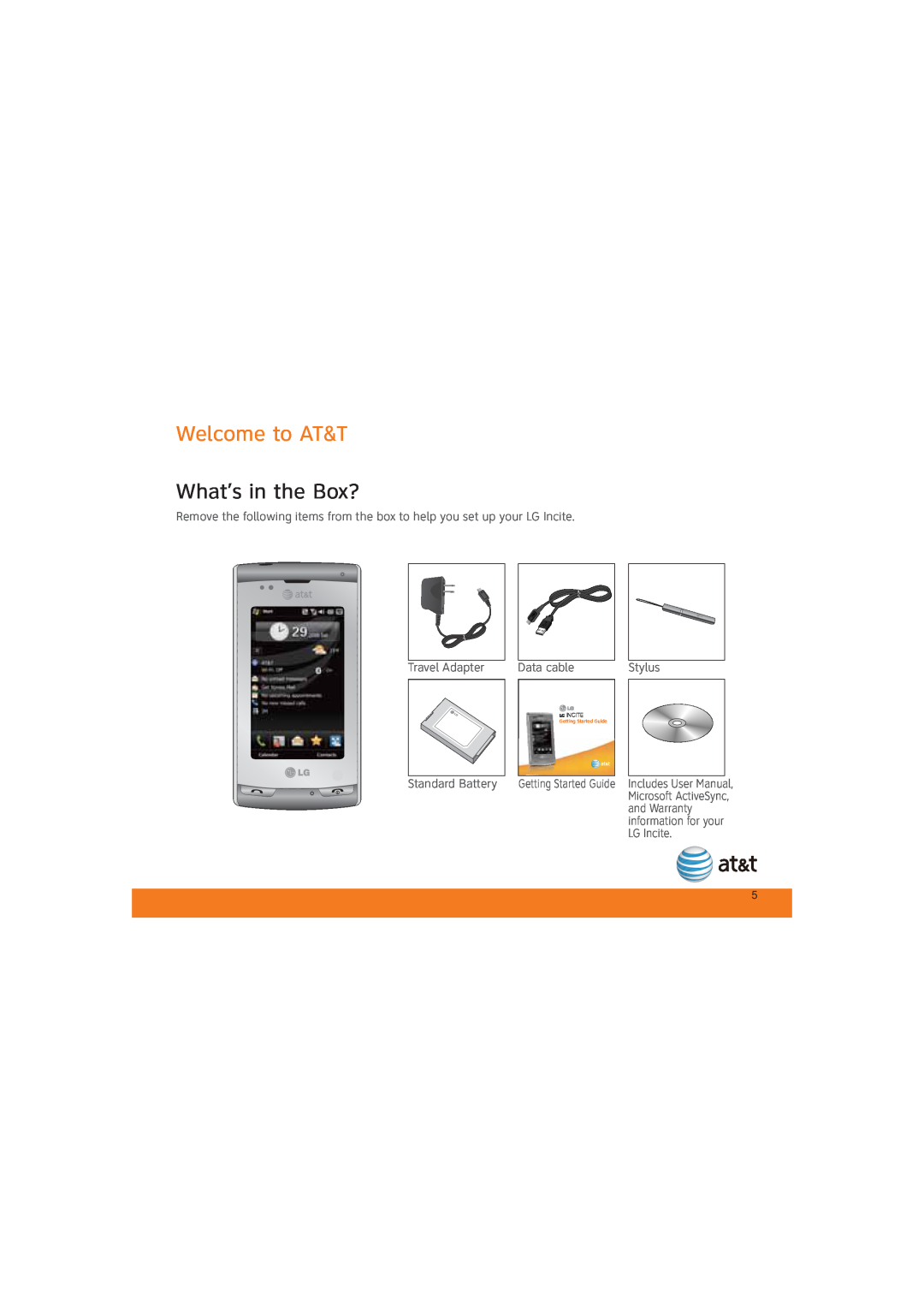 LG Electronics MCD0009405 specifications Welcome to AT&T, What’s in the Box?, Getting Started Guide, information for your 