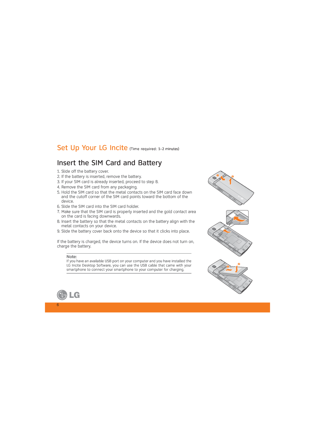 LG Electronics MCD0009405 specifications Insert the SIM Card and Battery 