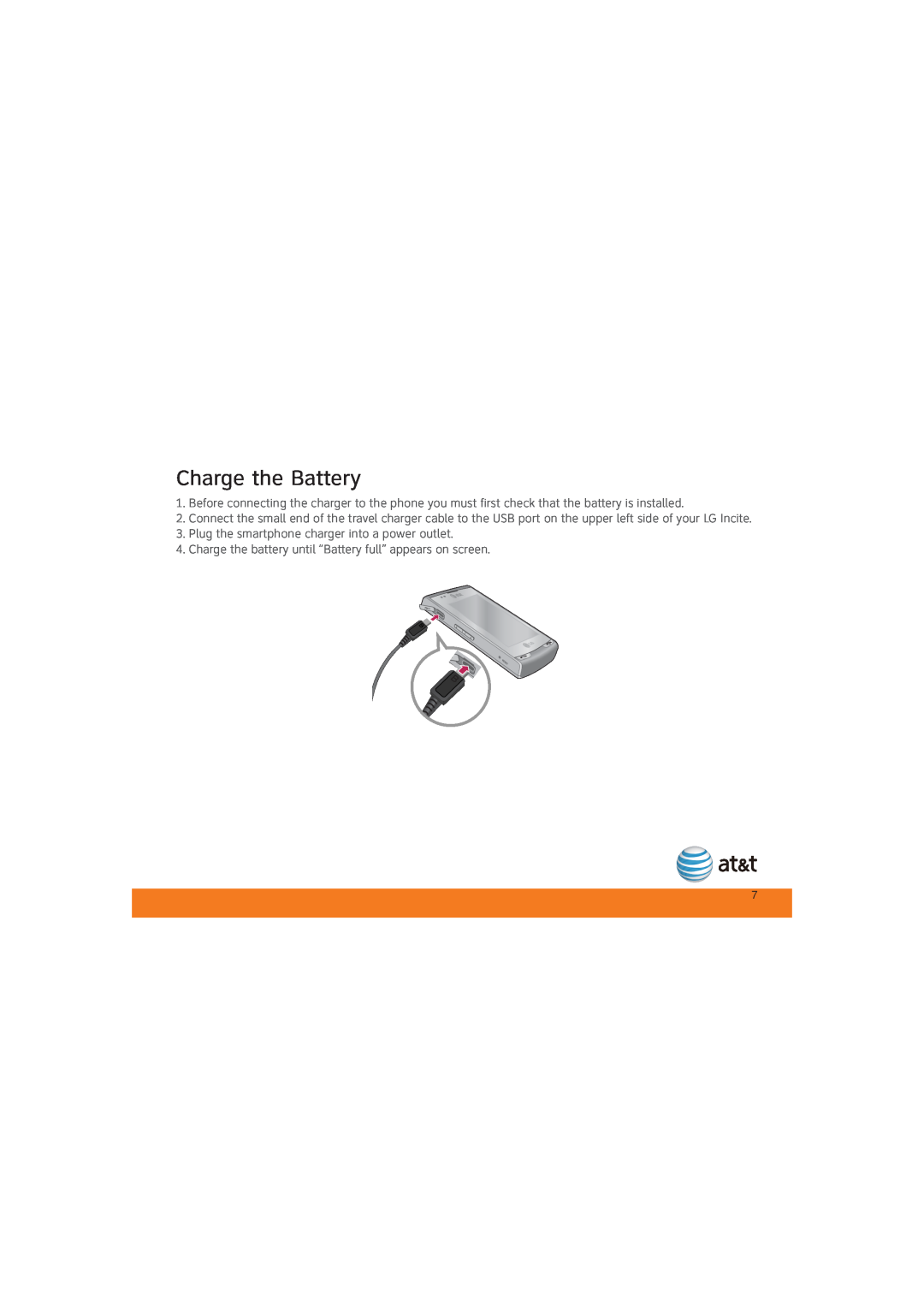 LG Electronics MCD0009405 specifications Charge the Battery, Plug the smartphone charger into a power outlet 