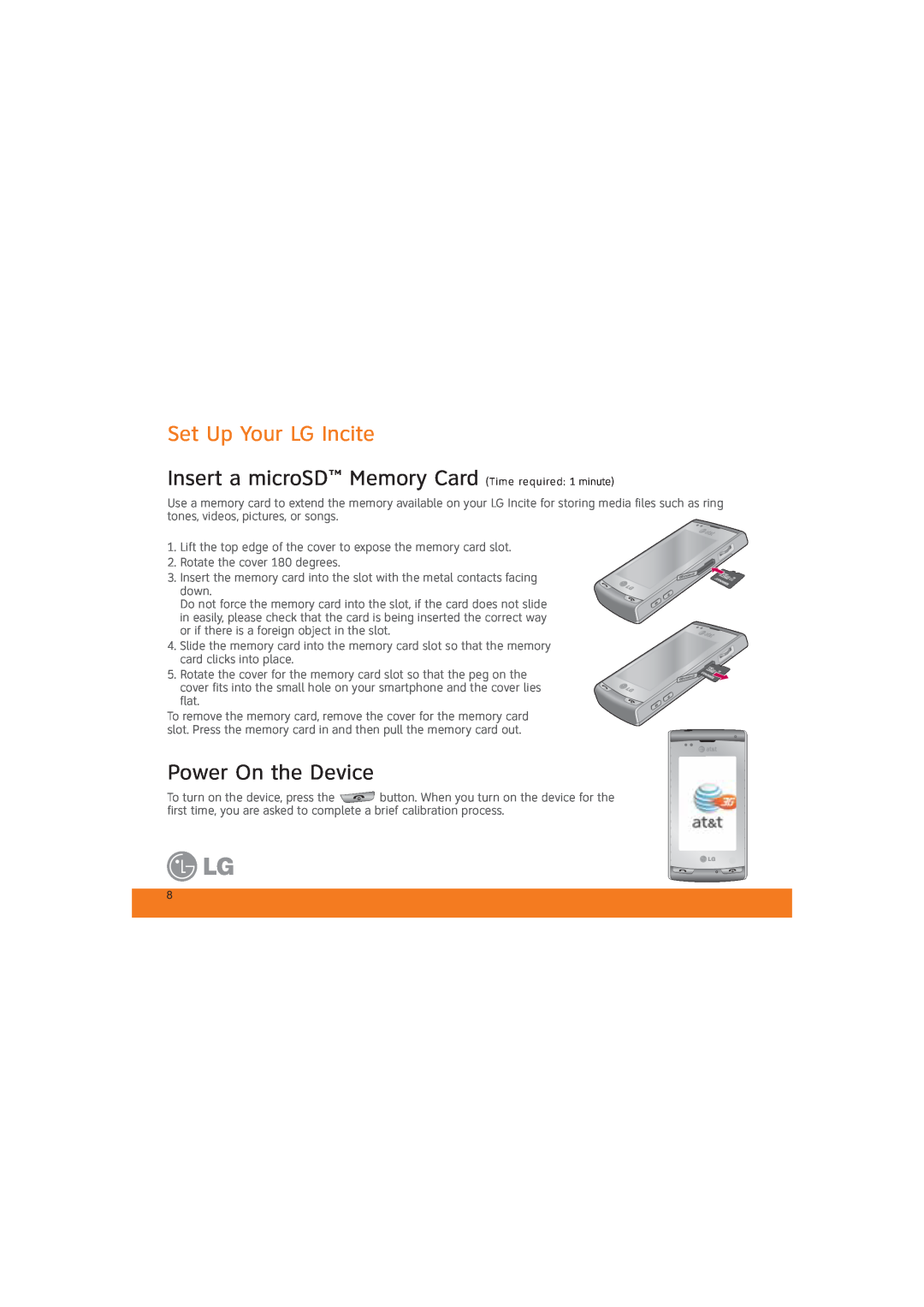 LG Electronics MCD0009405 Set Up Your LG Incite, Insert a microSD Memory Card Time required 1 minute, Power On the Device 