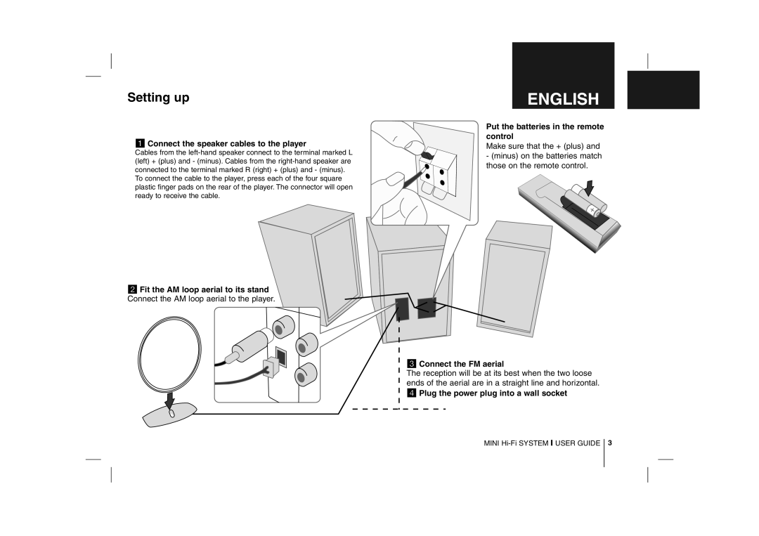 LG Electronics MCD112B manual Setting up, Connect the speaker cables to the player, Put the batteries in the remote control 