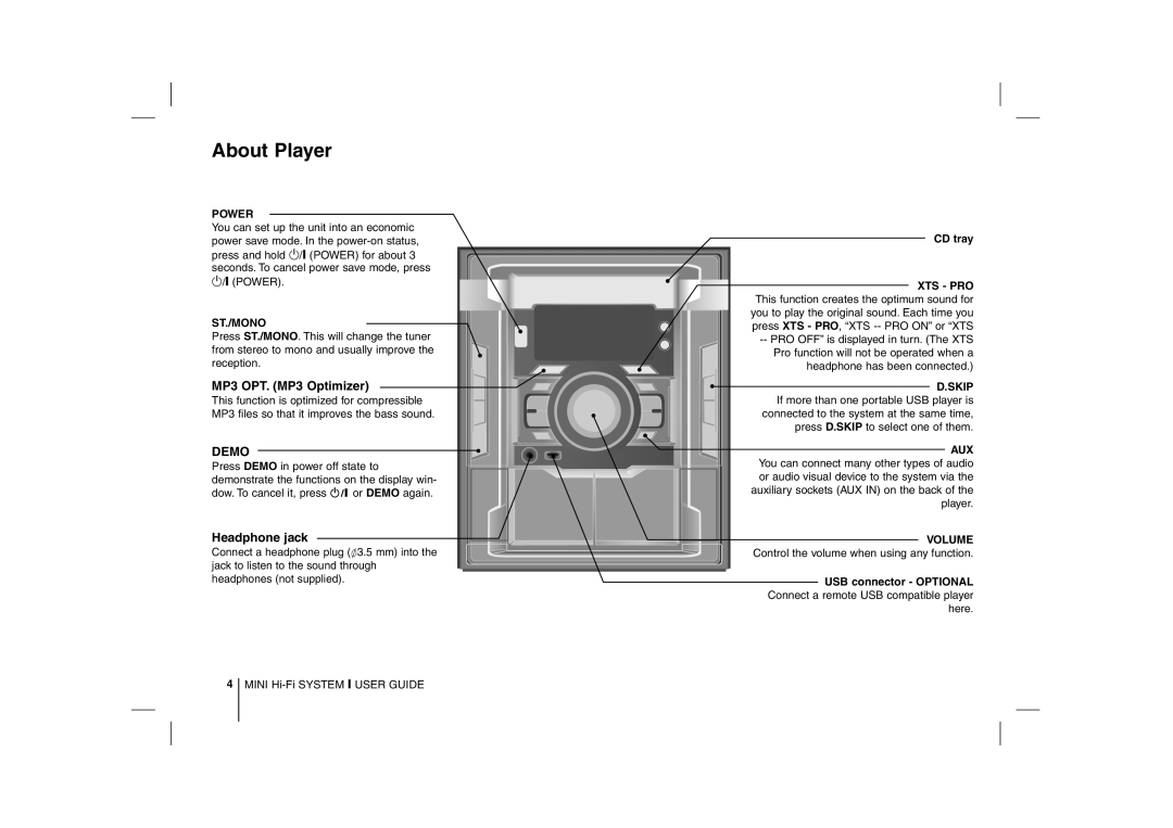 LG Electronics MCD212, MCD112B manual About Player, MP3 OPT. MP3 Optimizer, Headphone jack 