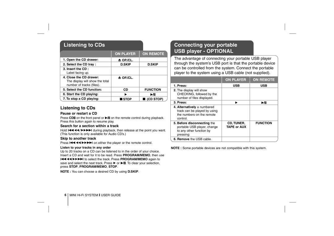 LG Electronics MCD212, MCD112B manual Listening to CDs, Connecting your portable USB player Optional, Pause or restart a CD 