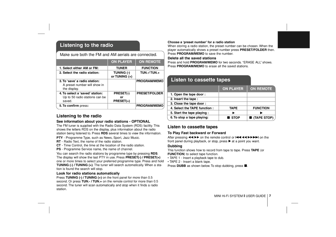 LG Electronics MCD112B, MCD212 manual Listening to the radio, Listen to cassette tapes 