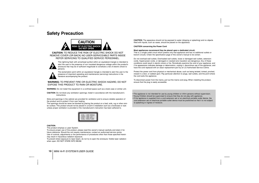 LG Electronics MCD212, MCD112B manual Safety Precaution, Risk Of Electric Shock Do Not Open 