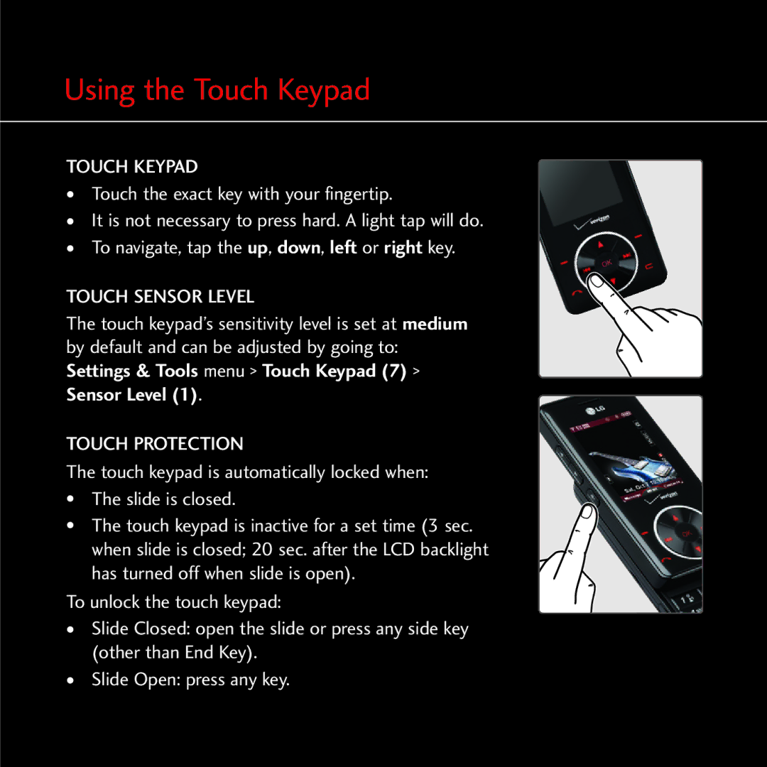 LG Electronics MCDD0007801 quick start Using the Touch Keypad, Touch Sensor Level, Touch Protection 