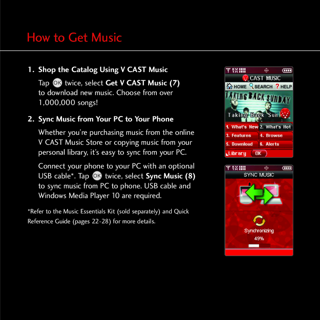 LG Electronics MCDD0007801 How to Get Music, Shop the Catalog Using V Cast Music, Sync Music from Your PC to Your Phone 