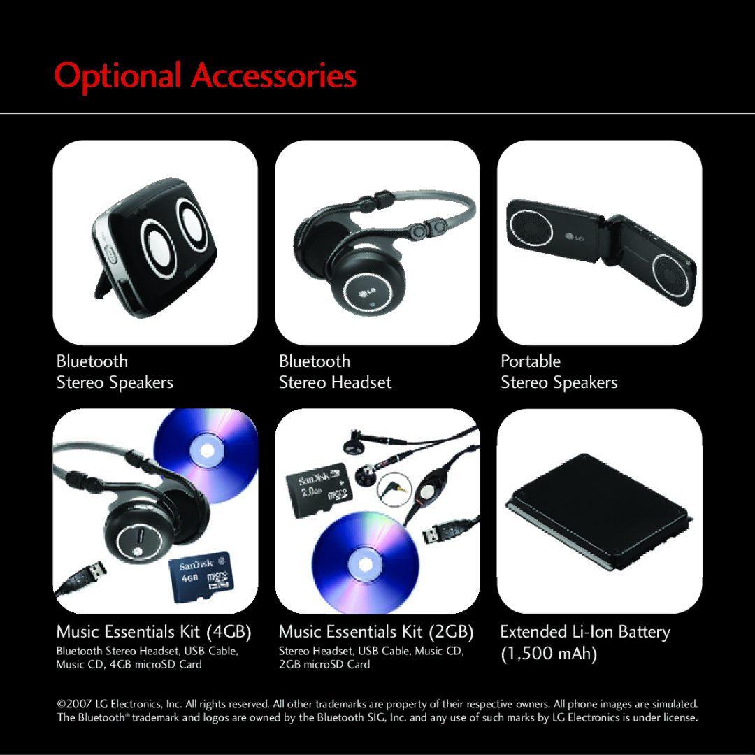 LG Electronics MCDD0012301 quick start Optional Accessories, Music Essentials Kit 4GB 