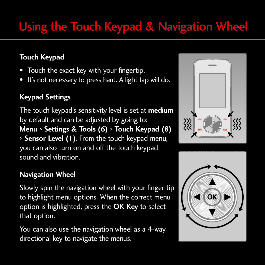 LG Electronics MCDD0012301 quick start Keypad Settings, Menu Settings & Tools 6 Touch Keypad, Navigation Wheel 