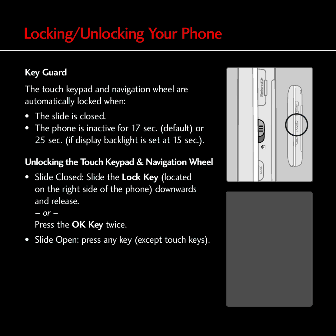 LG Electronics MCDD0012301 Locking/Unlocking Your Phone, Key Guard, Unlocking the Touch Keypad & Navigation Wheel 