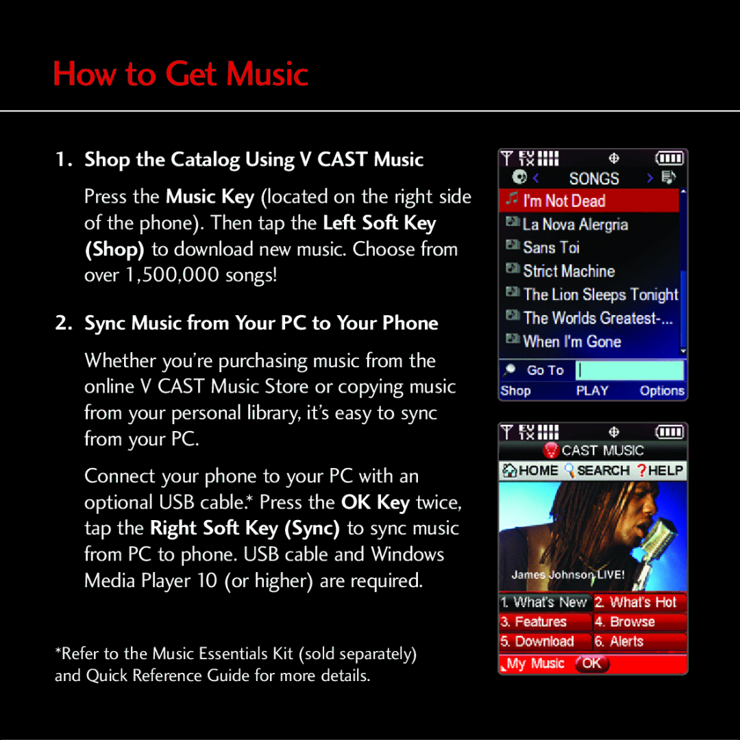 LG Electronics MCDD0012301 How to Get Music, Shop the Catalog Using V Cast Music, Sync Music from Your PC to Your Phone 