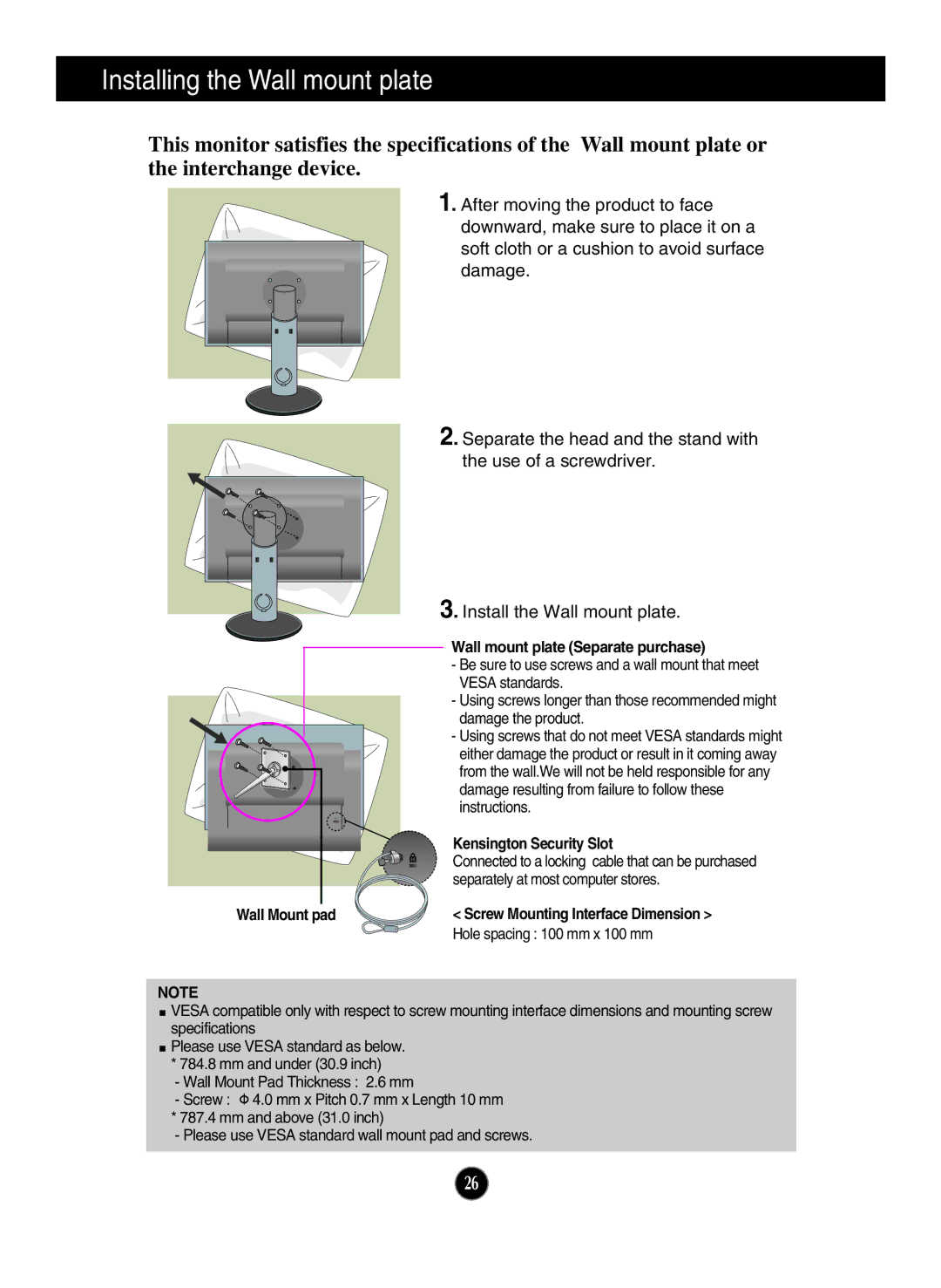 LG Electronics ME20CR owner manual Installing the Wall mount plate, Wall mount plate Separate purchase 