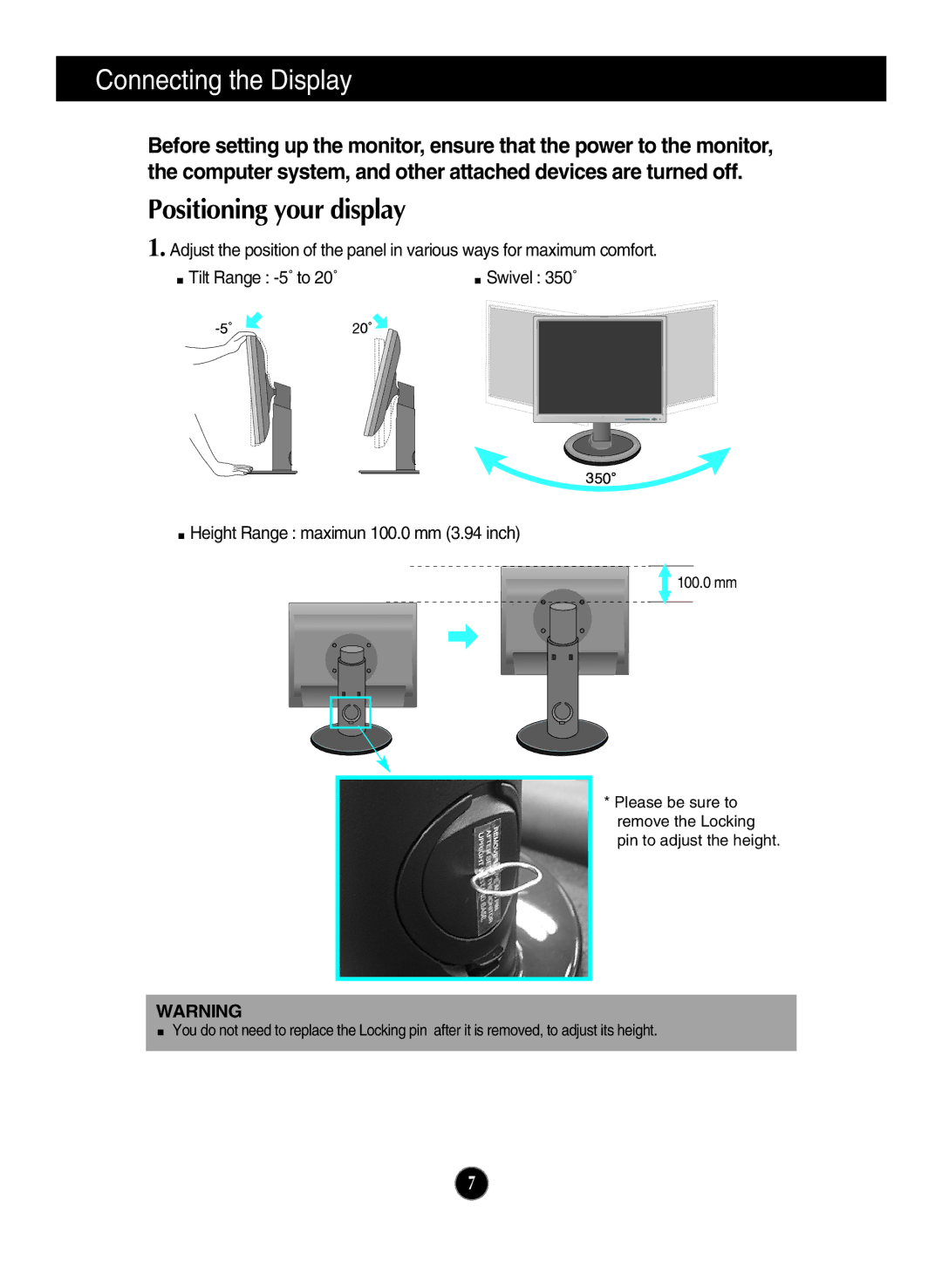 LG Electronics ME20CR owner manual Positioning your display 