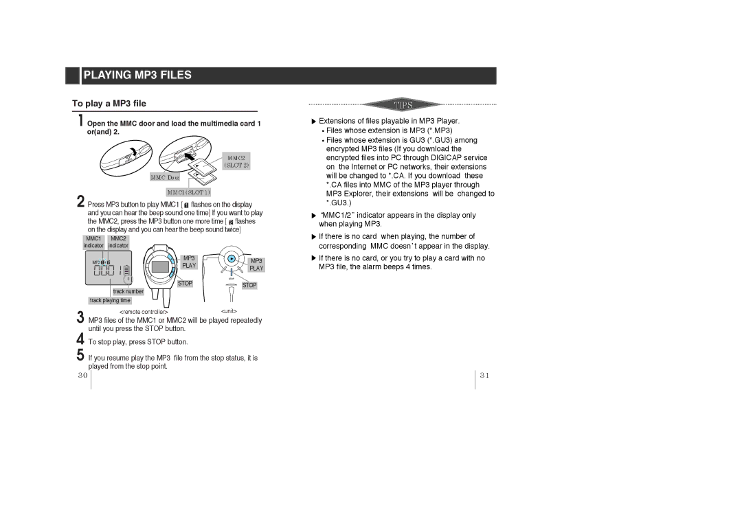 LG Electronics MF-PD330 specifications To play a MP3 file, Open the MMC door and load the multimedia card 1 orand 