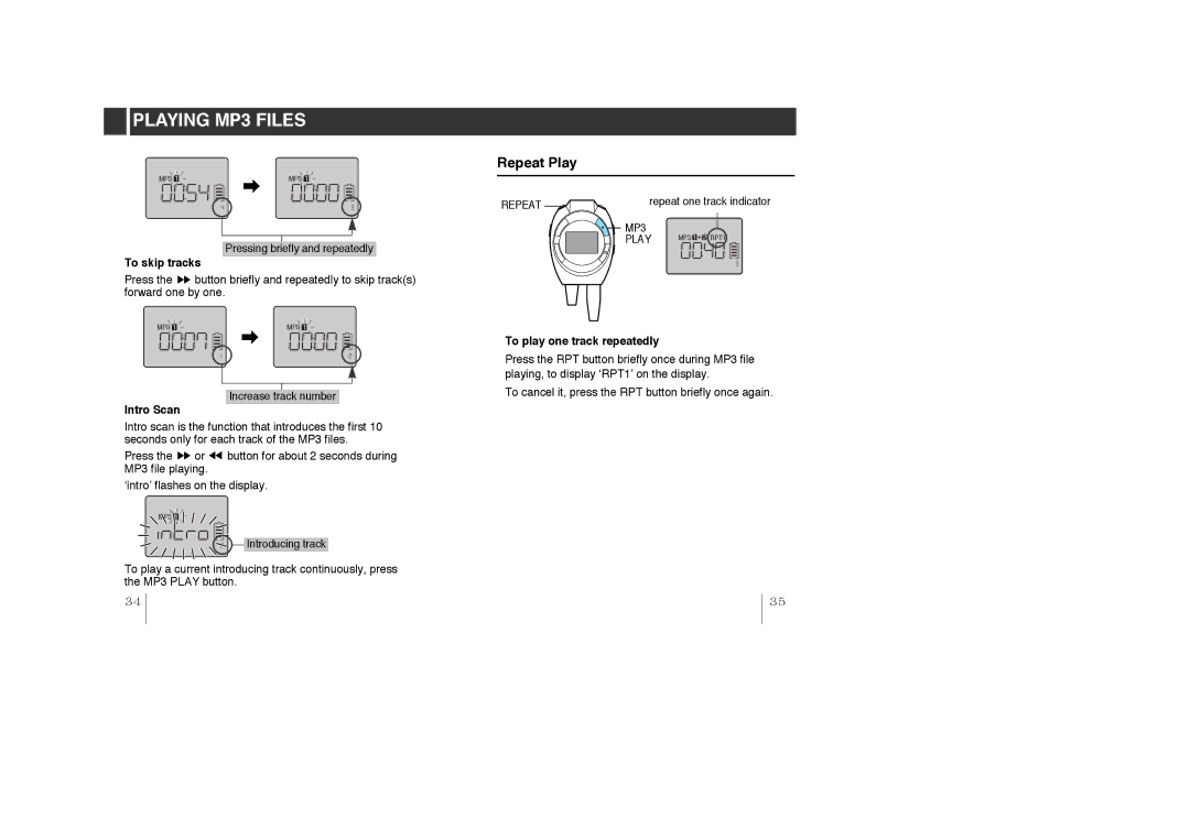 LG Electronics MF-PD330 specifications Repeat Play, To skip tracks, To play one track repeatedly, Intro Scan 