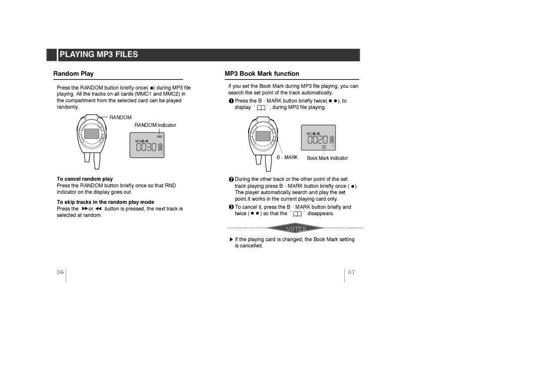 LG Electronics MF-PD330 Random Play, MP3 Book Mark function, To cancel random play, To skip tracks in the random play mode 