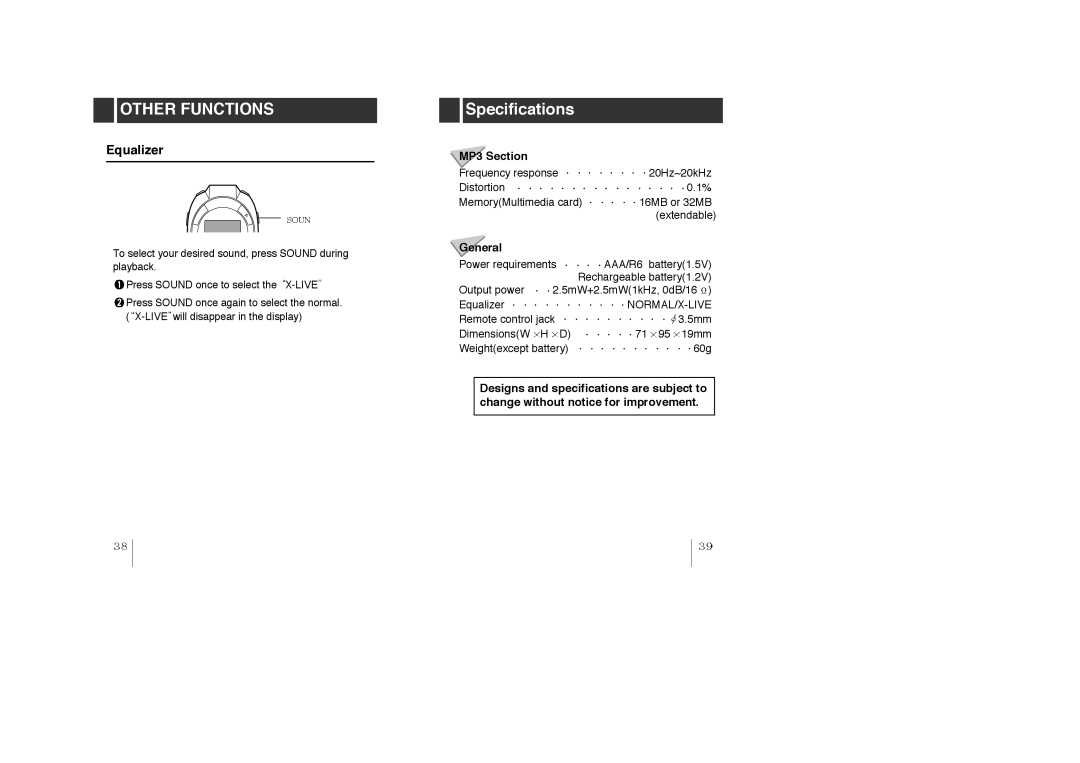 LG Electronics MF-PD330 specifications Equalizer, MP3 Section, General 