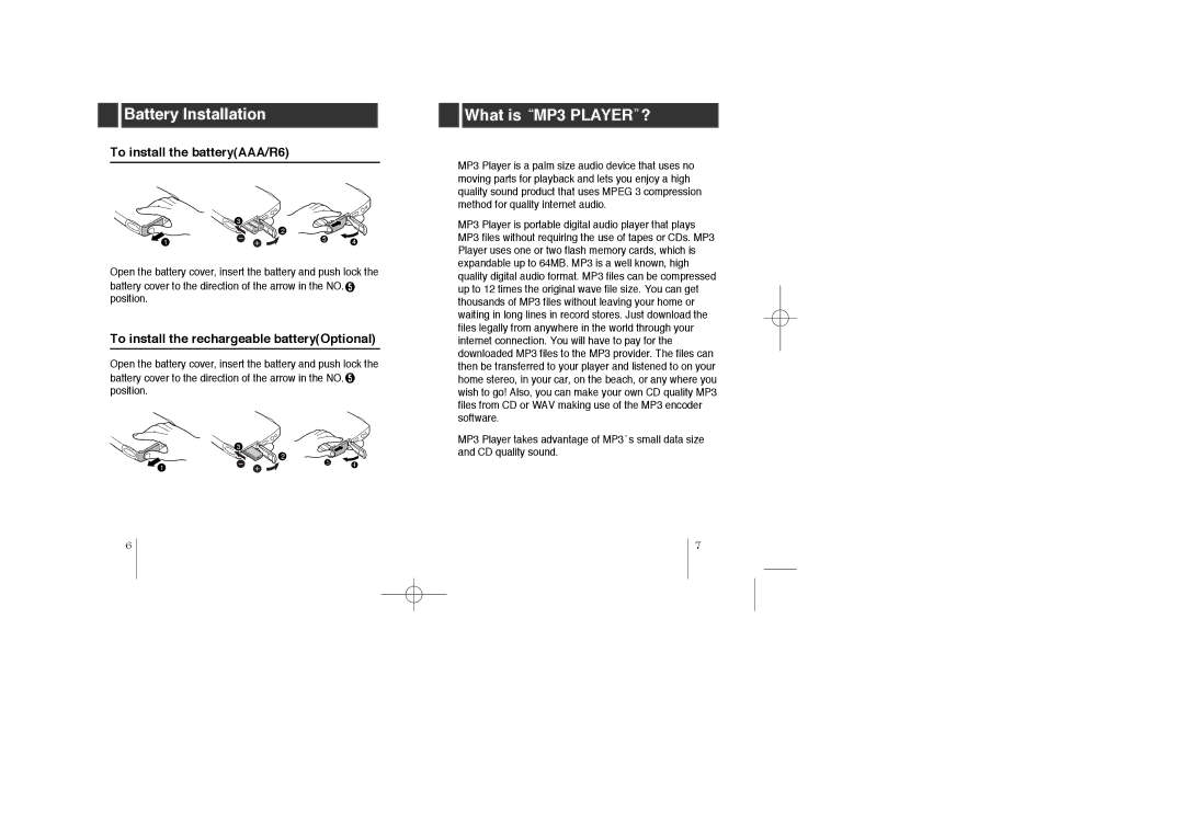 LG Electronics MF-PD330 specifications Battery Installation, What is MP3 Player ?, To install the batteryAAA/R6 