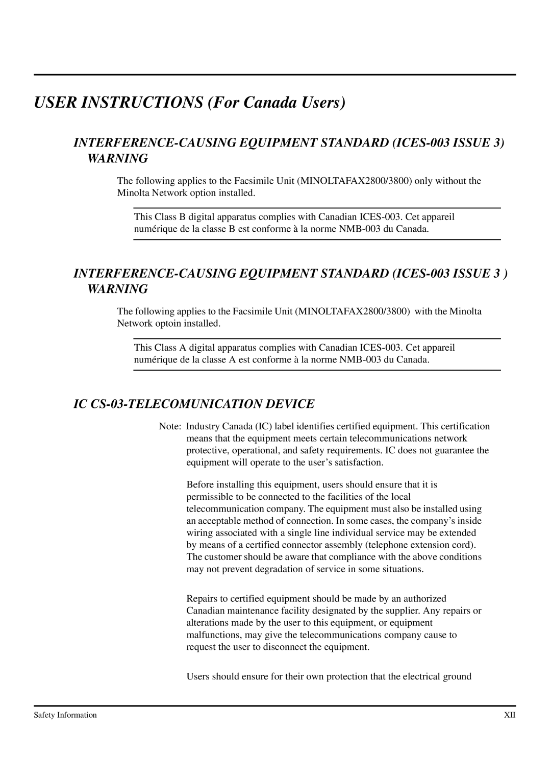 LG Electronics MF2800, MF3800 User Instructions For Canada Users, INTERFERENCE-CAUSING Equipment Standard ICES-003 Issue 