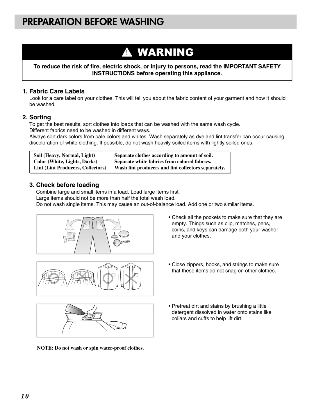 LG Electronics MFL31245109 manual Preparation Before Washing, Fabric Care Labels, Sorting, Check before loading 