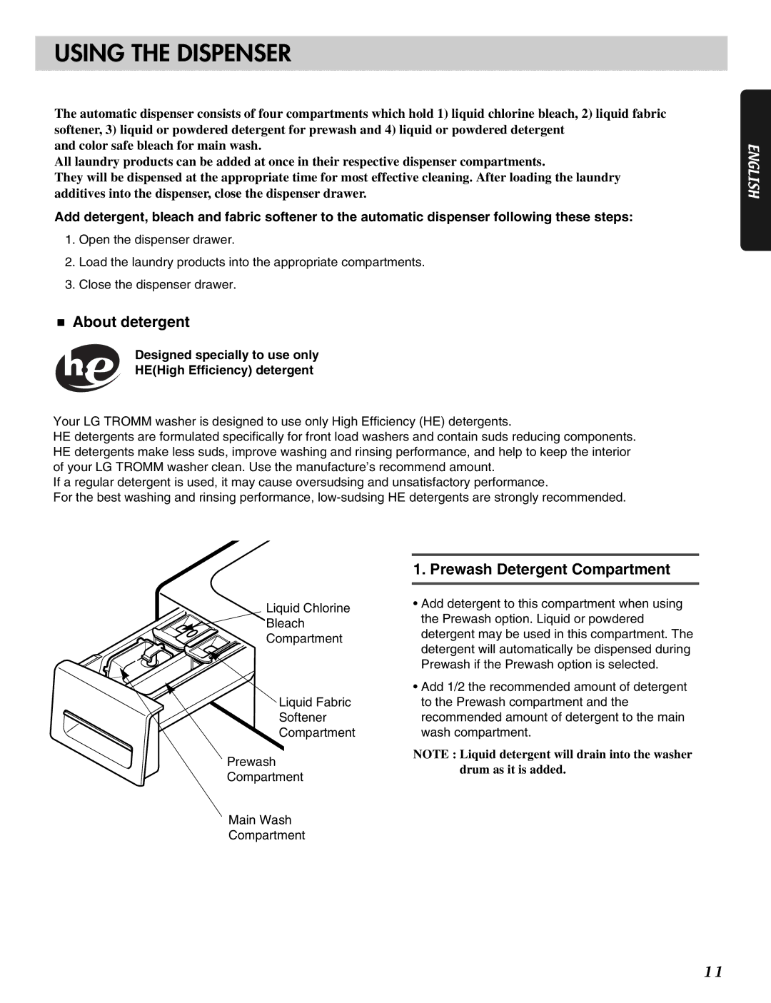 LG Electronics MFL31245109 manual Using the Dispenser, About detergent, Prewash Detergent Compartment 