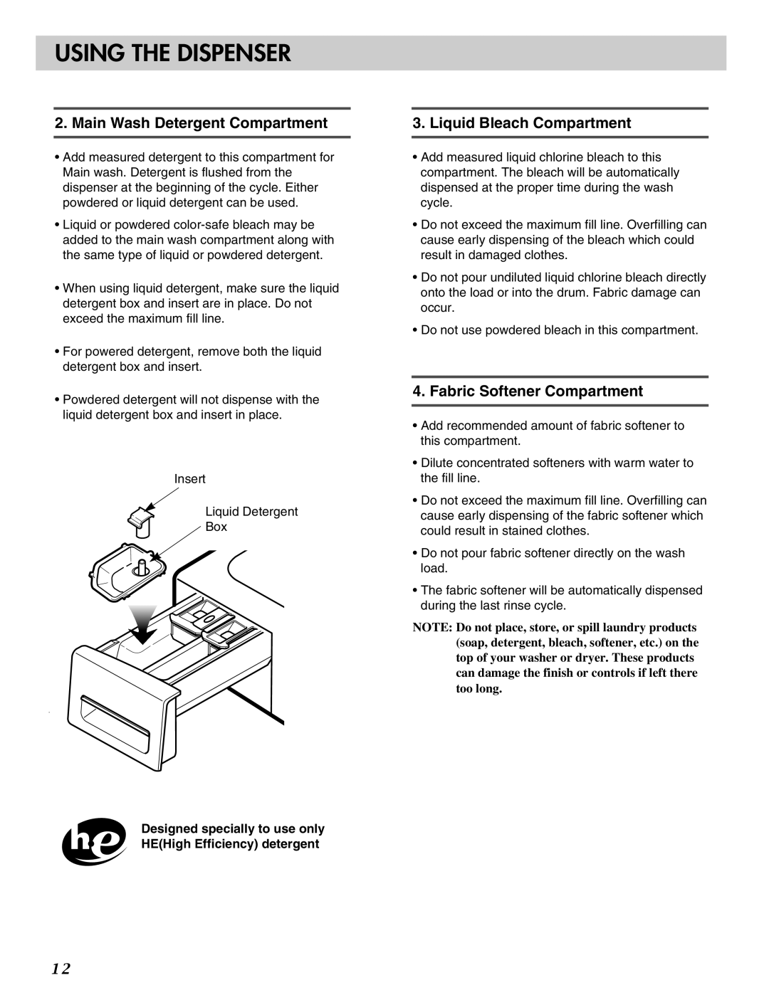 LG Electronics MFL31245109 manual Main Wash Detergent Compartment, Liquid Bleach Compartment, Fabric Softener Compartment 