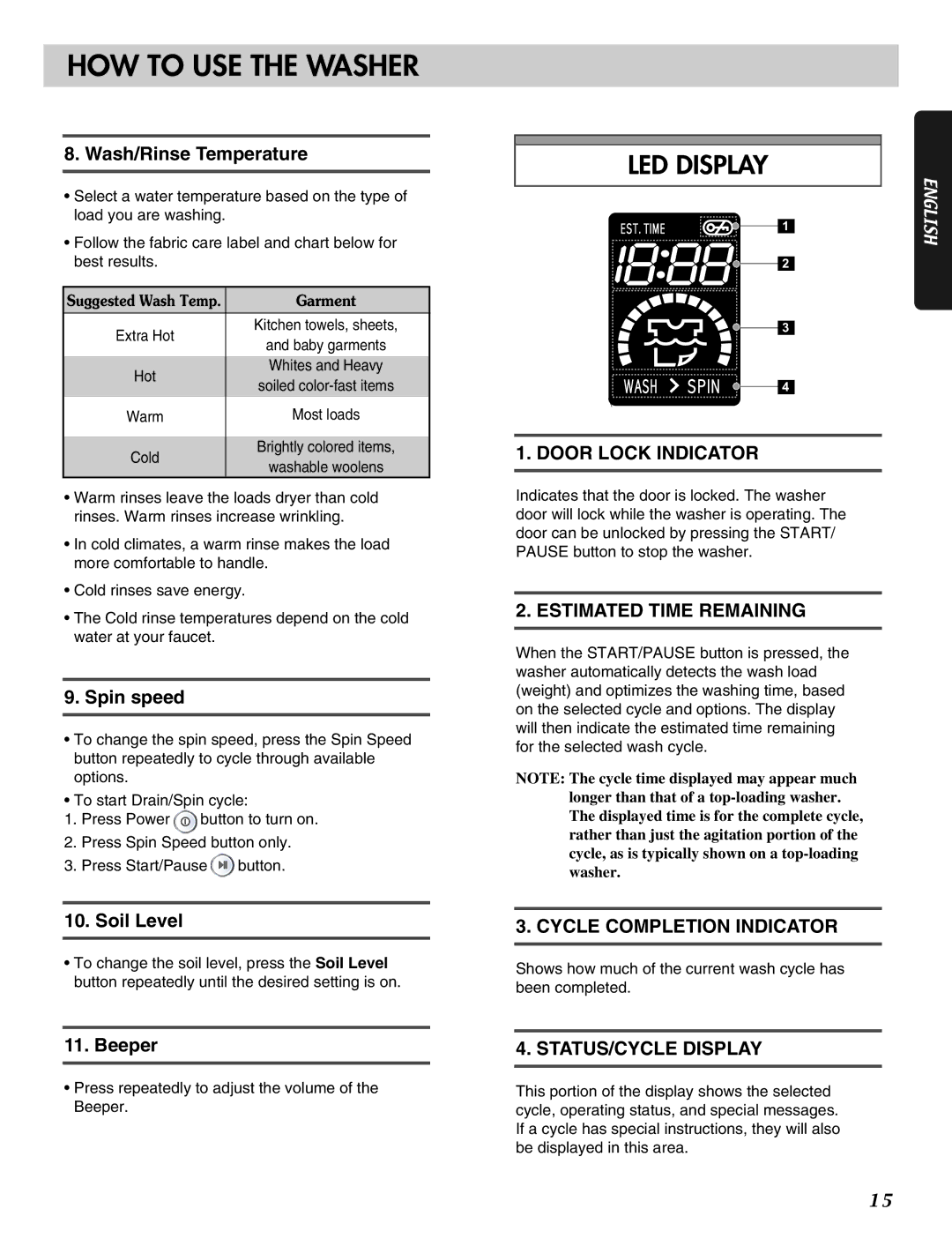 LG Electronics MFL31245109 manual Wash/Rinse Temperature, Spin speed, Soil Level, Beeper 