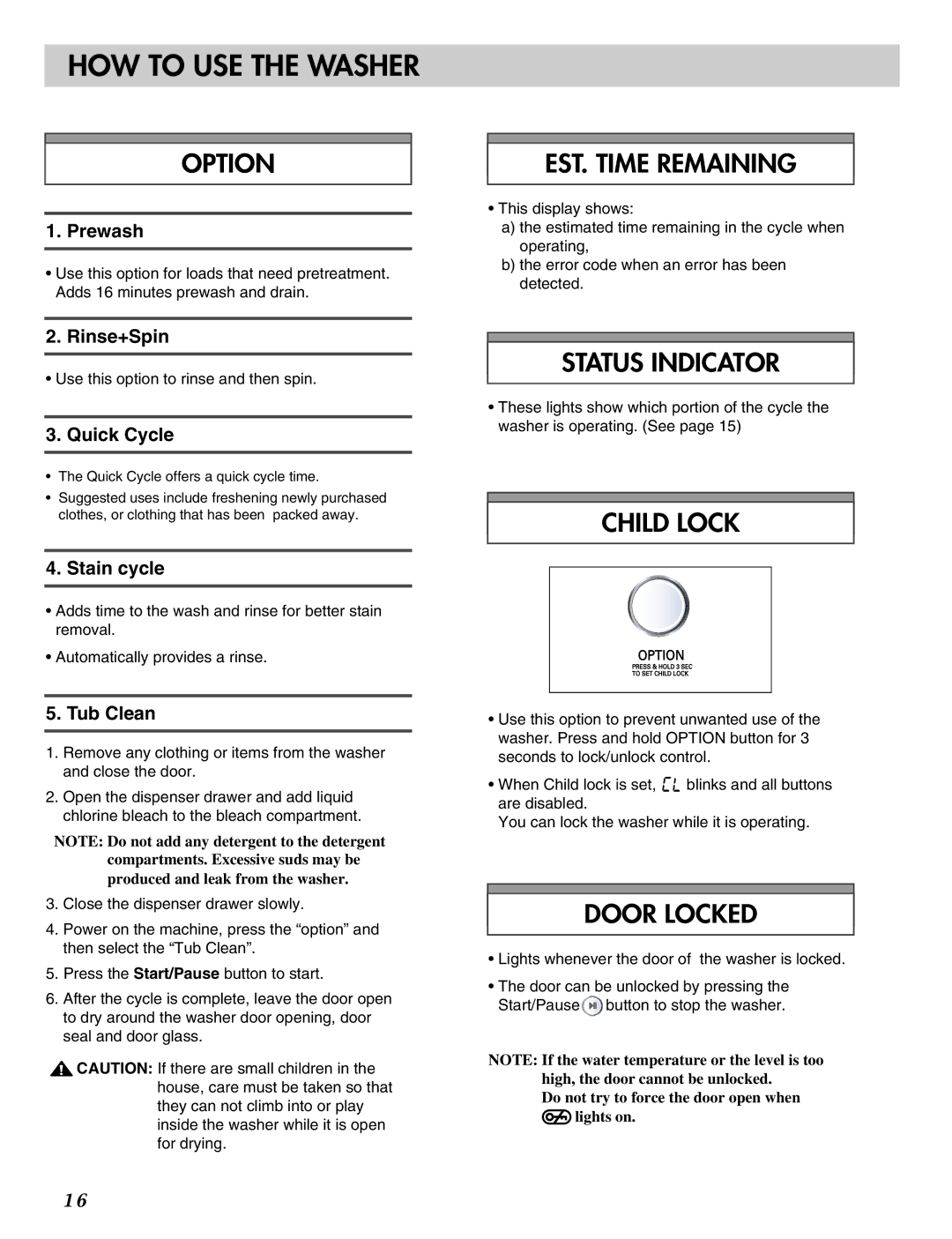 LG Electronics MFL31245109 manual Prewash, Rinse+Spin, Quick Cycle, Stain cycle, Tub Clean 