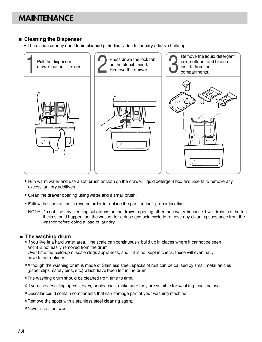 LG Electronics MFL31245109 manual Cleaning the Dispenser, Washing drum 