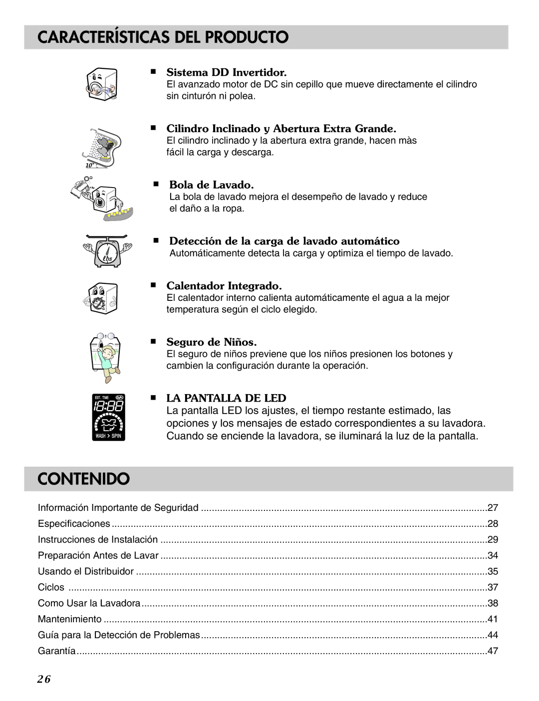 LG Electronics MFL31245109 manual Características DEL Producto, Contenido 