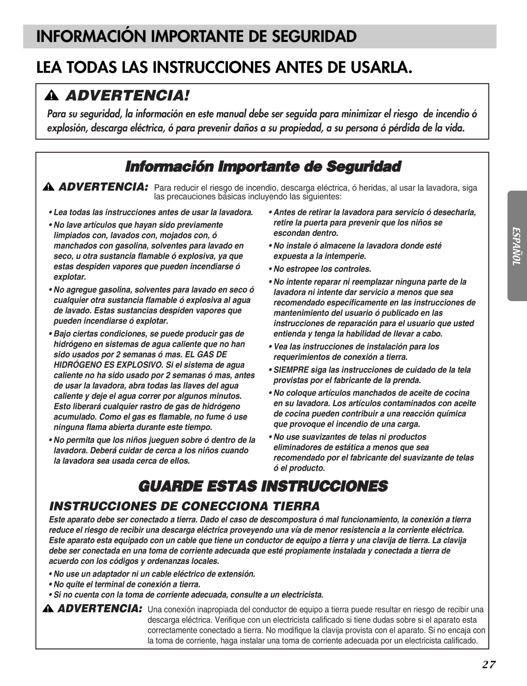 LG Electronics MFL31245109 manual Advertencia 