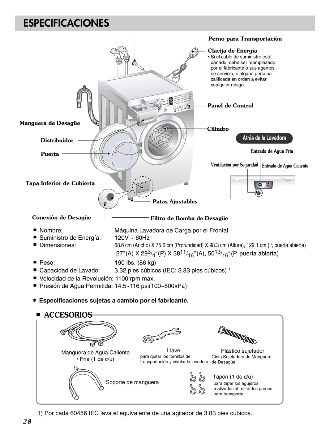 LG Electronics MFL31245109 manual Especificaciones, Perno para Transportación Clavija de Energía 